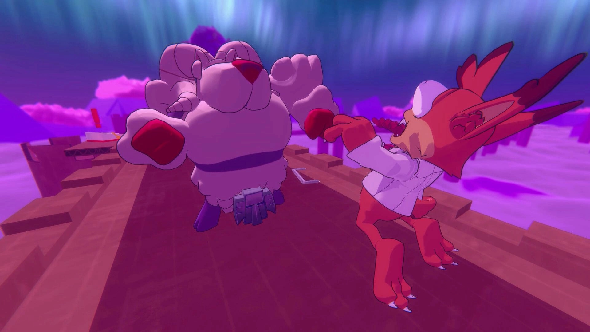 Bubsy 4D: Bubsy battles a robotic sheep on a purple-hued alien platform with floating clouds.