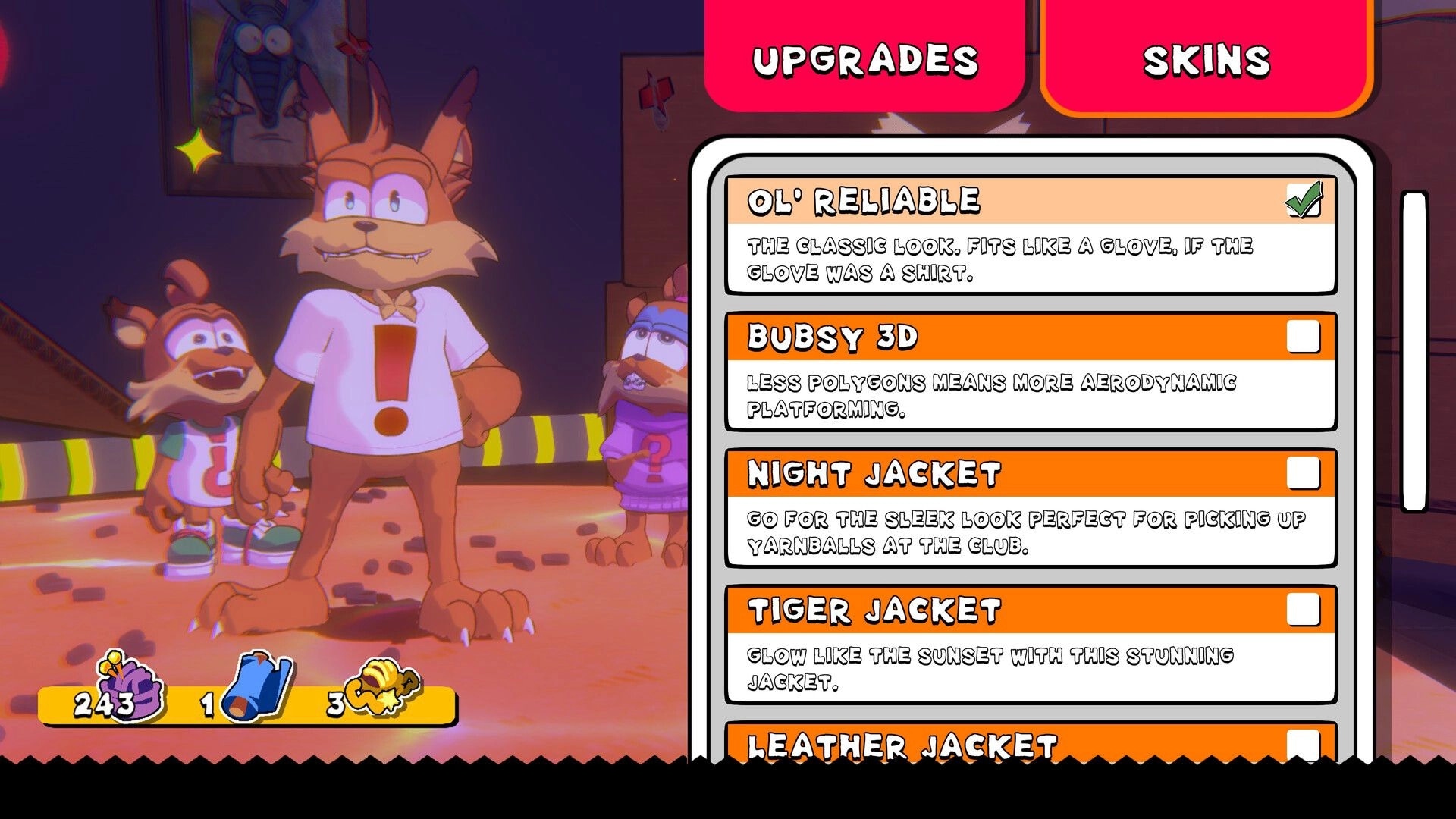 Bubsy 4D: Bubsy character standing in front of the skins menu with upgrade options and item count visible.
