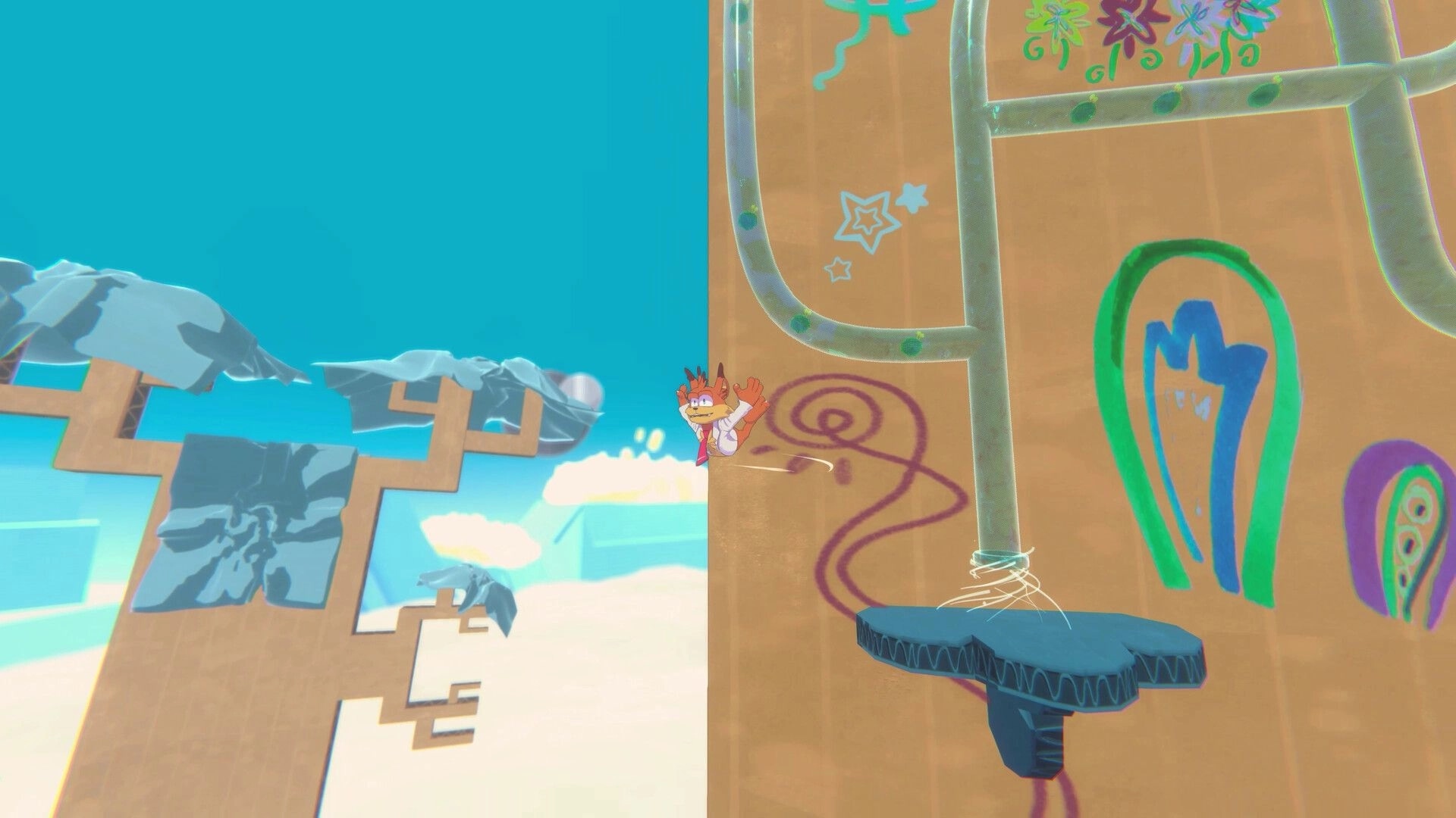Bubsy 4D: Bubsy clinging to a colorful wall with abstract designs in a vibrant alien landscape
