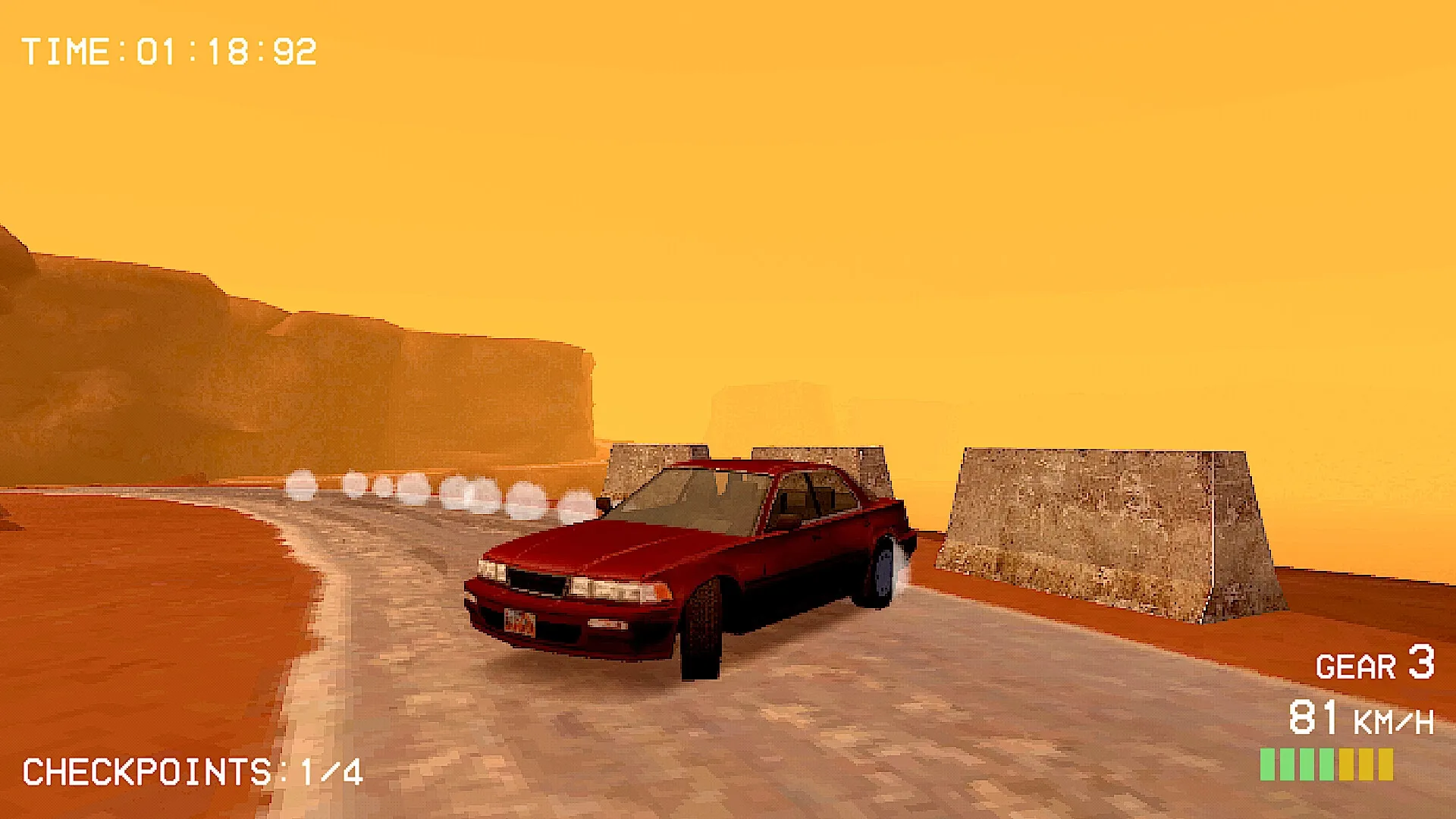 Budget Rally: Red car drifting on desert track, UI displays time, gear, speed, and checkpoints progress