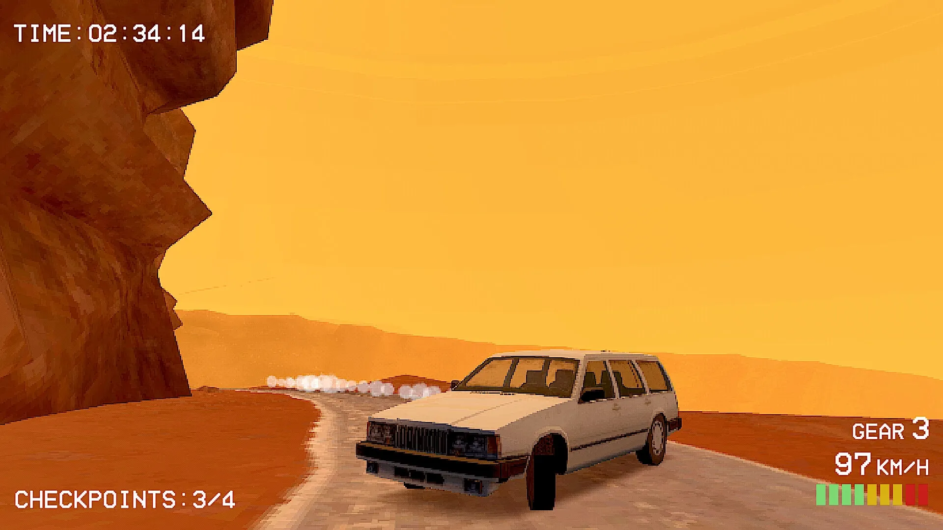 Budget Rally: White station wagon racing through desert canyon with HUD showing time and speed