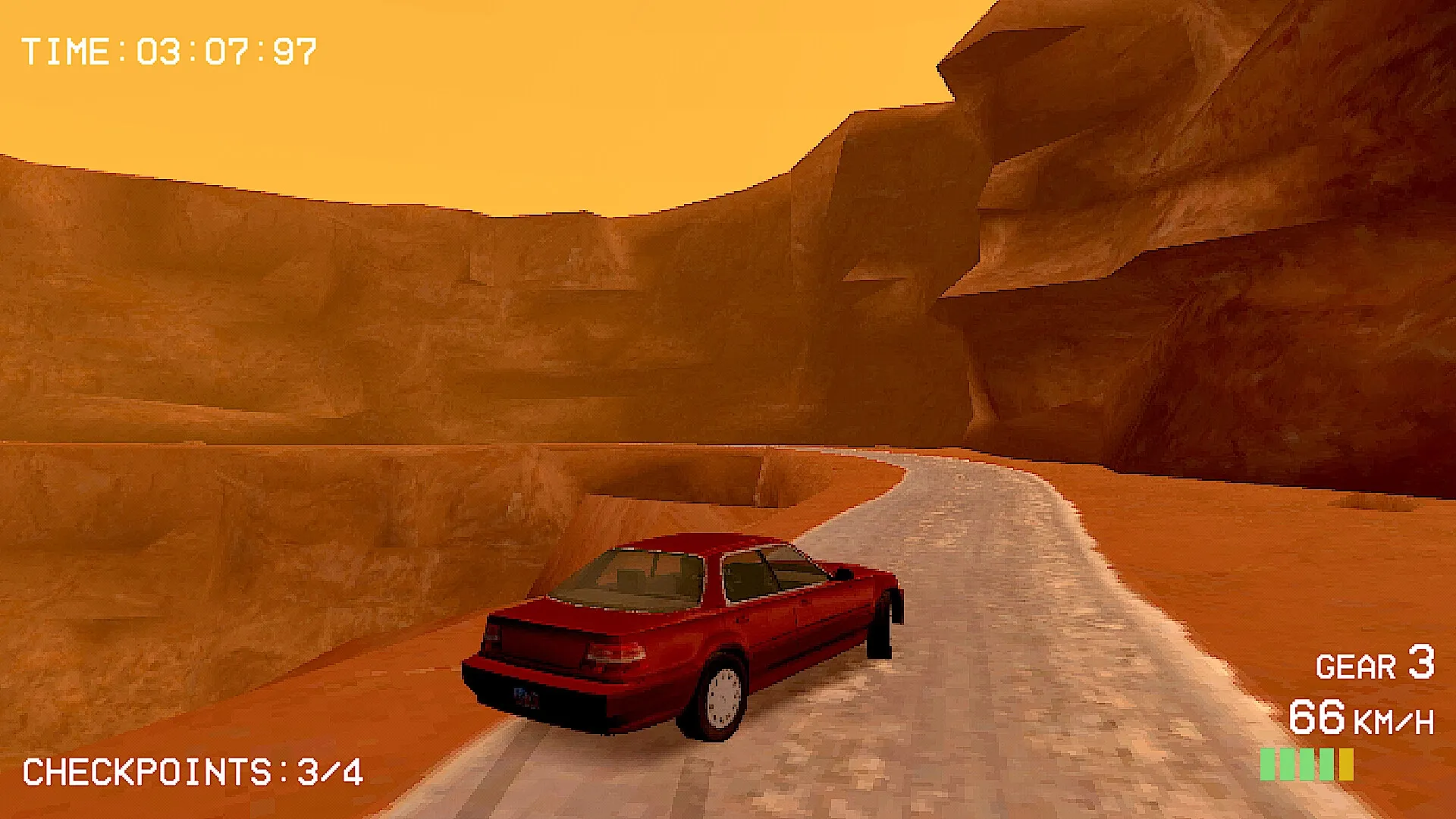 Budget Rally: Red car speeds through a winding canyon road with time and speed displayed on screen