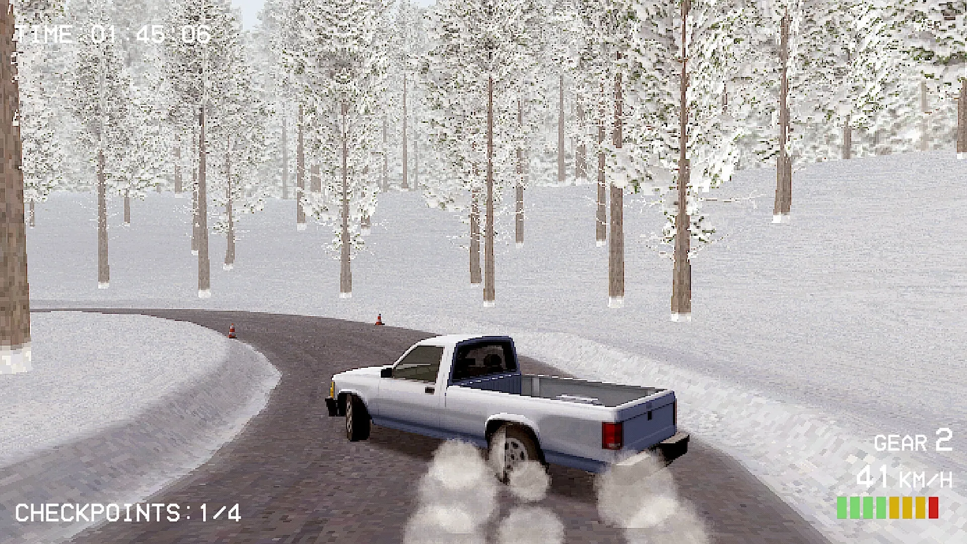 Budget Rally: Pickup truck drifting on snowy forest track, UI shows time, checkpoints, gear, speed