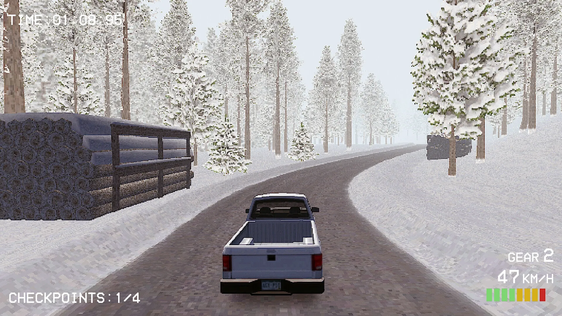 Budget Rally: White pickup on snowy forest road, speed 47 km/h, gear 2, 1/4 checkpoints reached