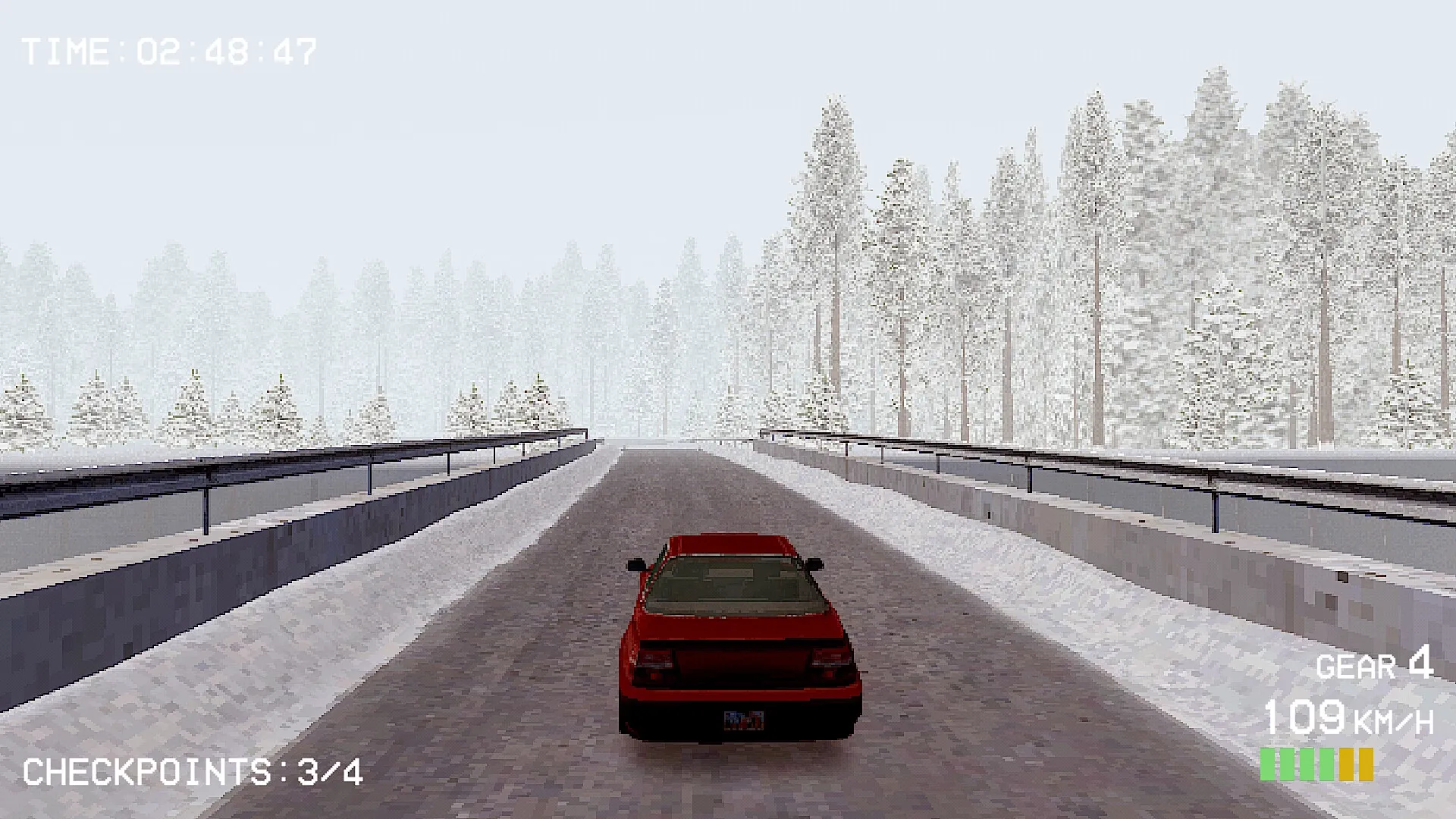 Budget Rally: Red car driving on snowy road, forested landscape with speed and gear HUD displayed
