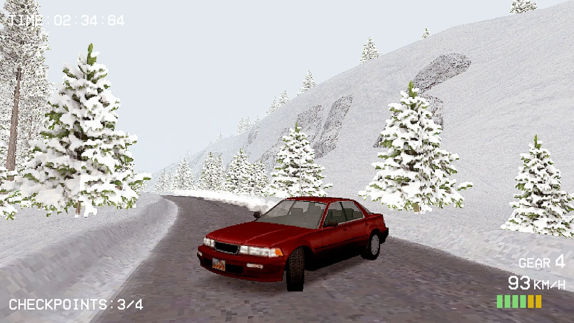 Budget Rally: Red car drifting on snowy mountain road with speed and gear displayed on HUD