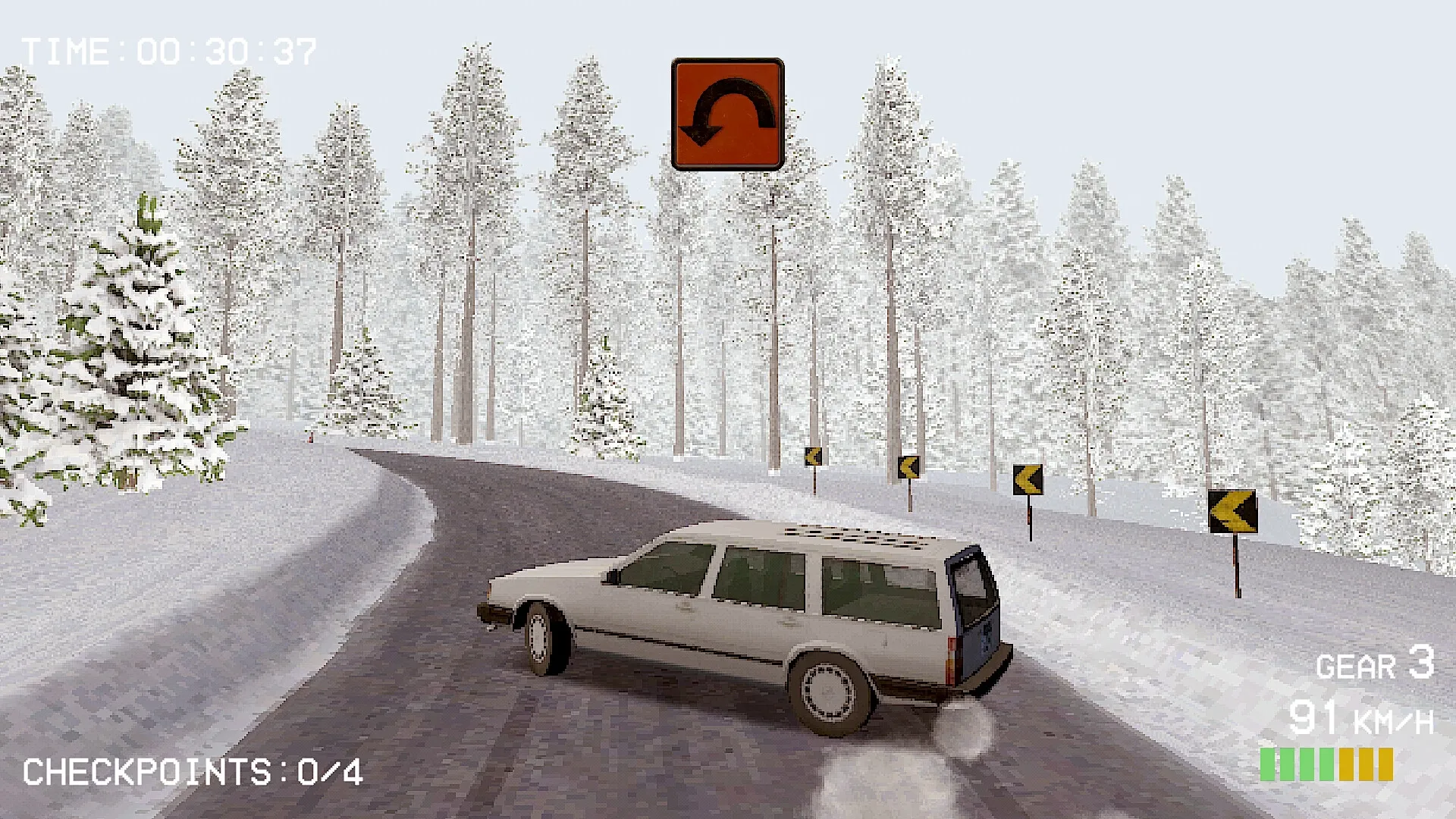 Budget Rally: Station wagon drifts around snowy forest bend with speed and checkpoint indicators visible