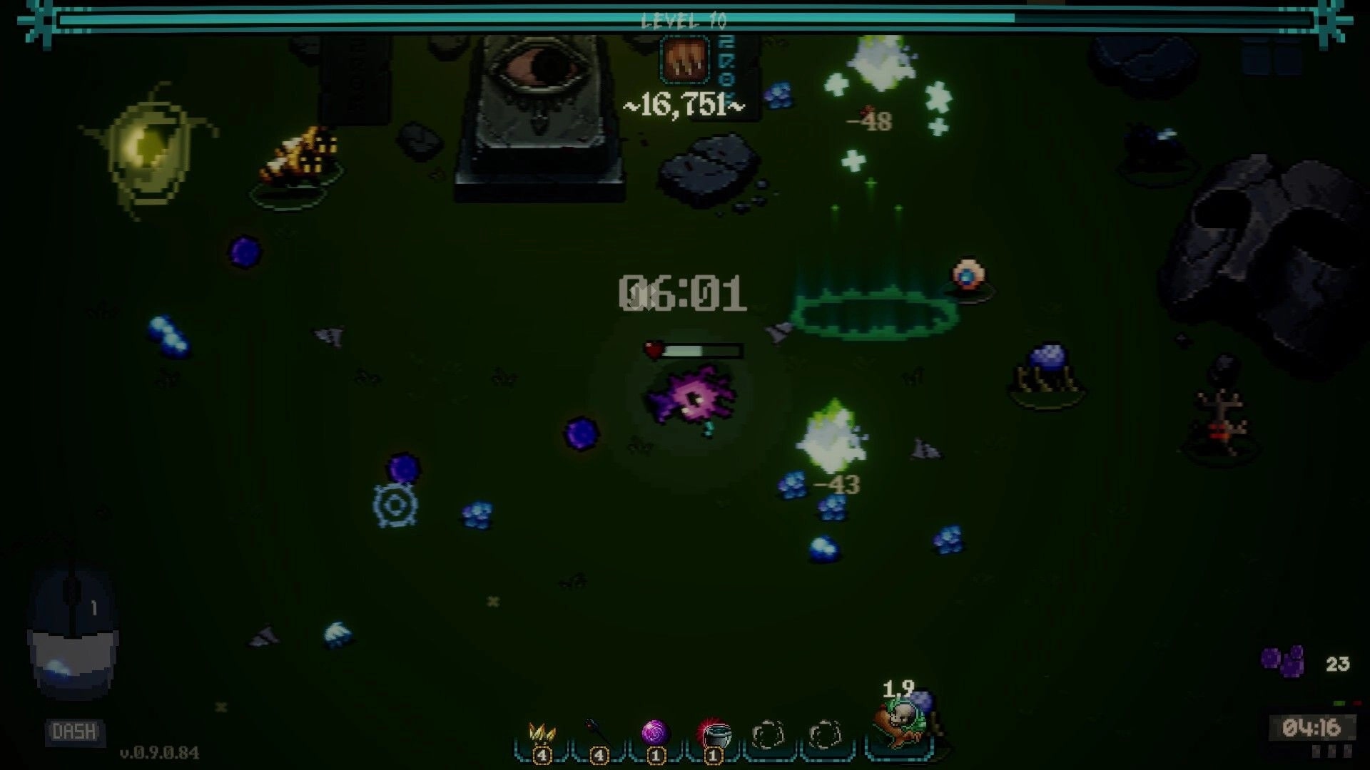 Bug Bane Survivors: Mutated plant battles enemies in a dark arena with health bar and items visible