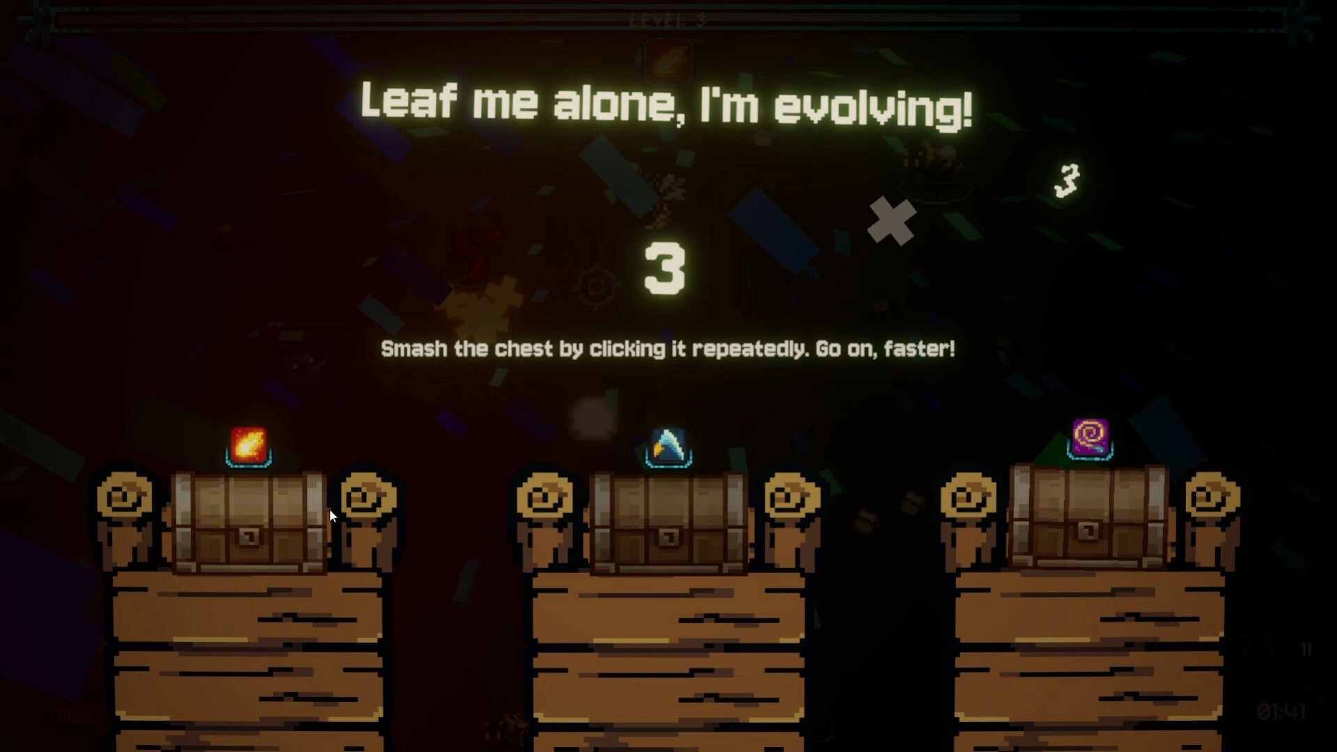 Bug Bane Survivors: Countdown to chest smash with evolving plant in dark arena with pixel artifacts