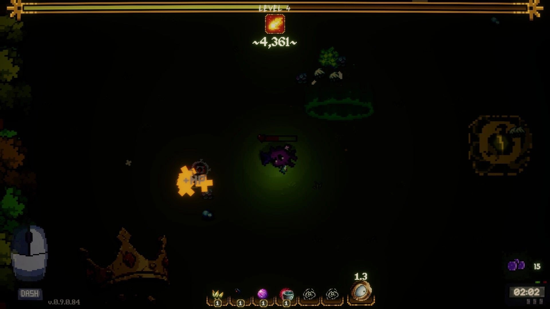 Bug Bane Survivors: Mutated plant battles enemies in a dark forest with inventory and level indicators