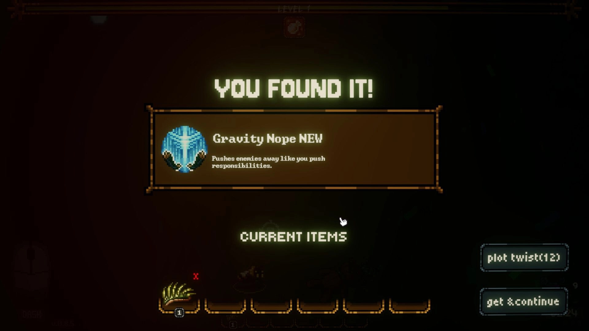 Bug Bane Survivors: Found "Gravity Nope" item with description and inventory slots on dark interface