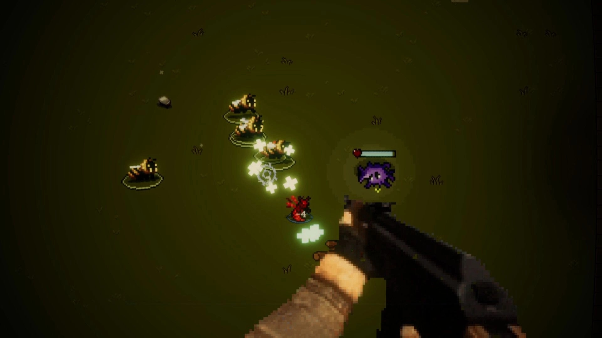 Bug Bane Survivors: Player fires at glowing bugs in dark arena with health bar and crosshair visible