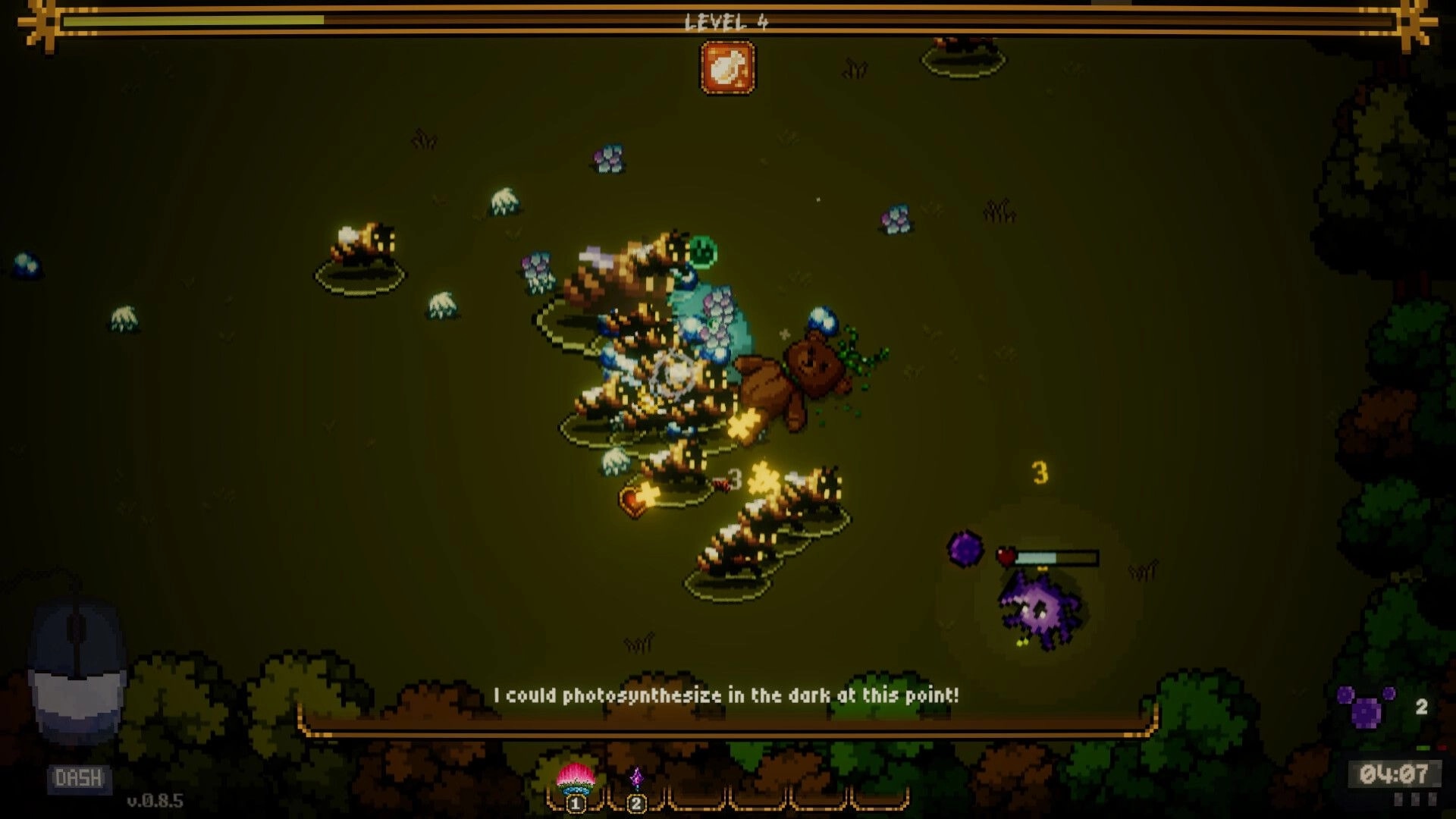 Bug Bane Survivors: Mutated plant battles enemies in pixel-art forest with UI showing health and items.