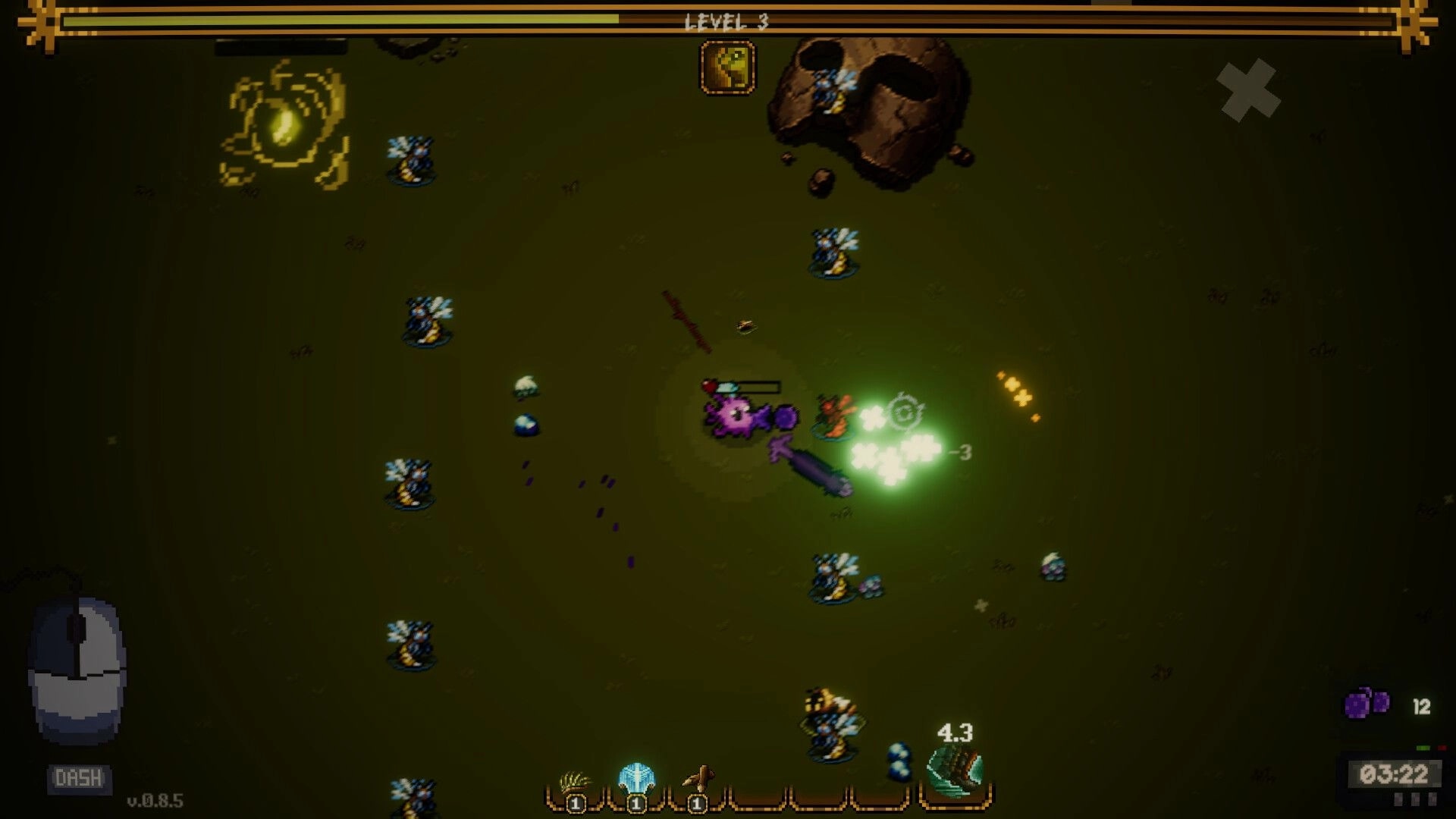 Bug Bane Survivors: Mutated plant battling bugs in a dark arena with glowing projectiles and UI elements