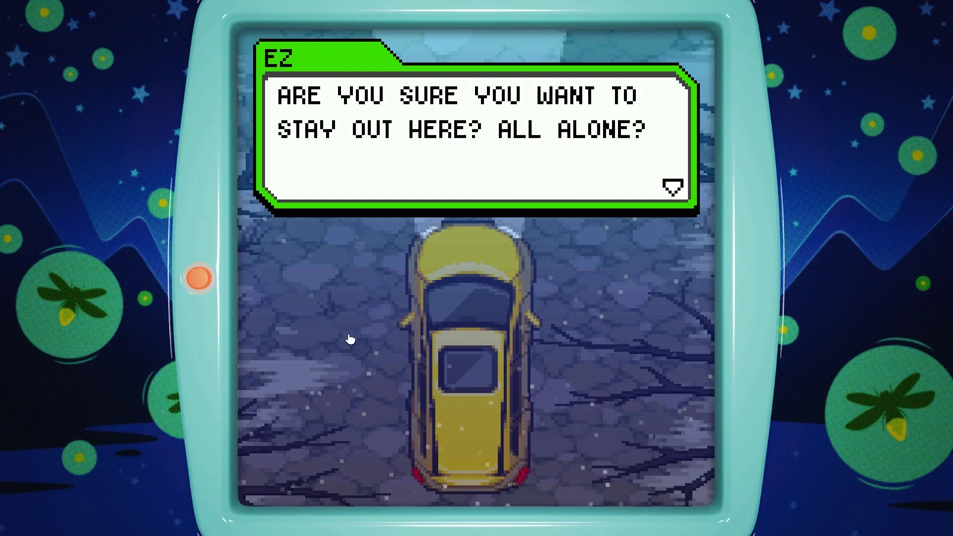 Bugaboo Pocket: Overhead view of car on rocky path with dialogue box from character EZ in a virtual pet game
