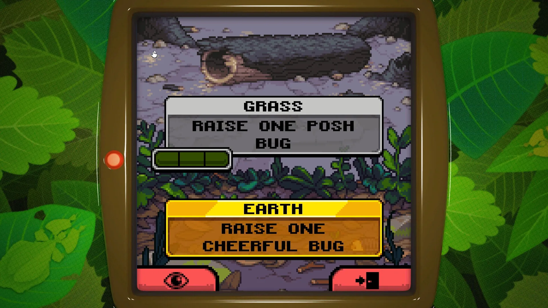 Bugaboo Pocket: Selection menu to raise bugs with options for "posh" or "cheerful" traits in forest.