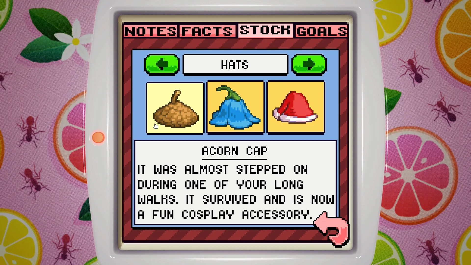 Bugaboo Pocket: Hat inventory menu featuring acorn cap, blue hat, and red Santa hat options