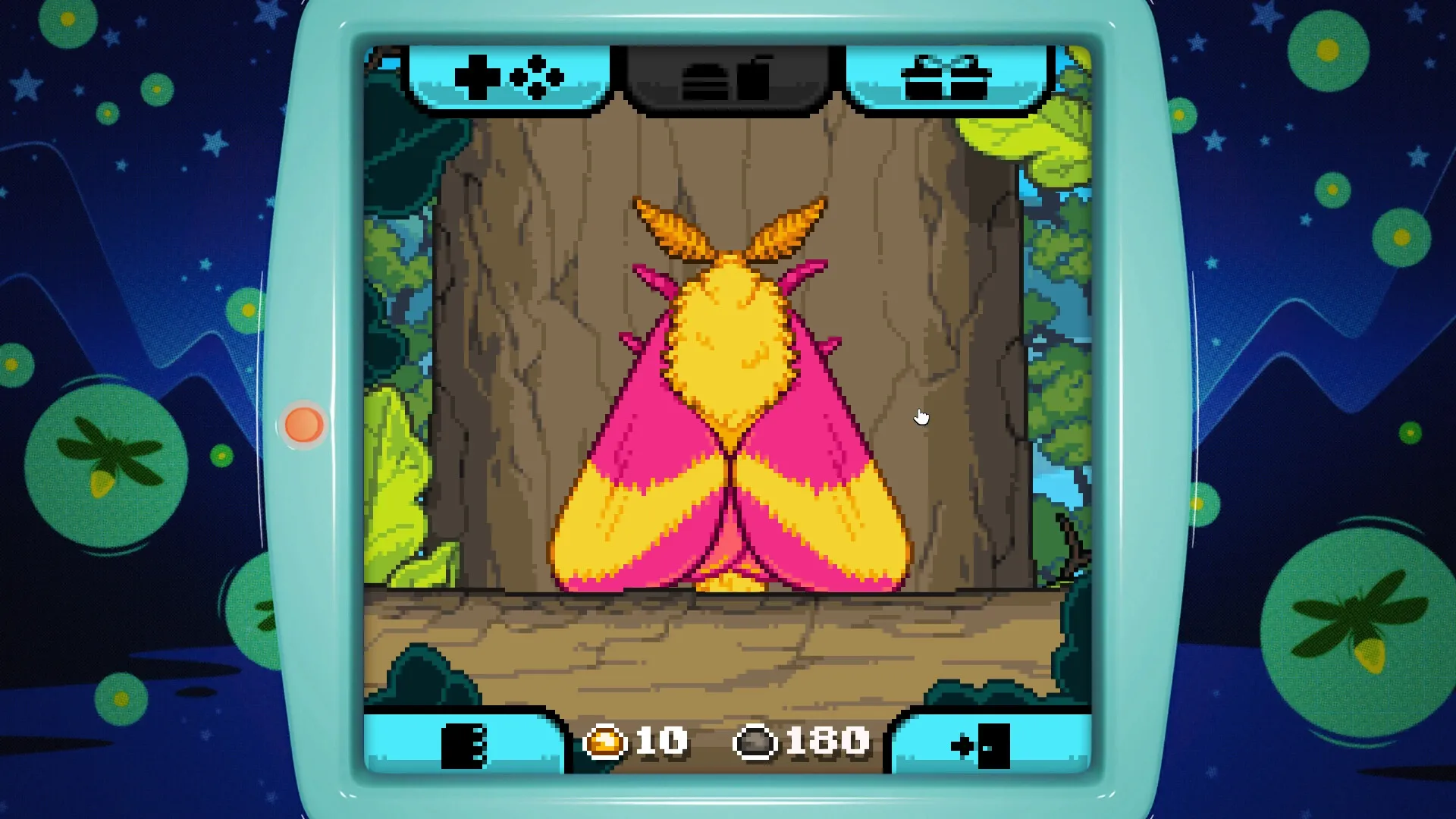 Bugaboo Pocket: A colorful moth on a tree trunk with UI icons for navigation, inventory, and gifts.