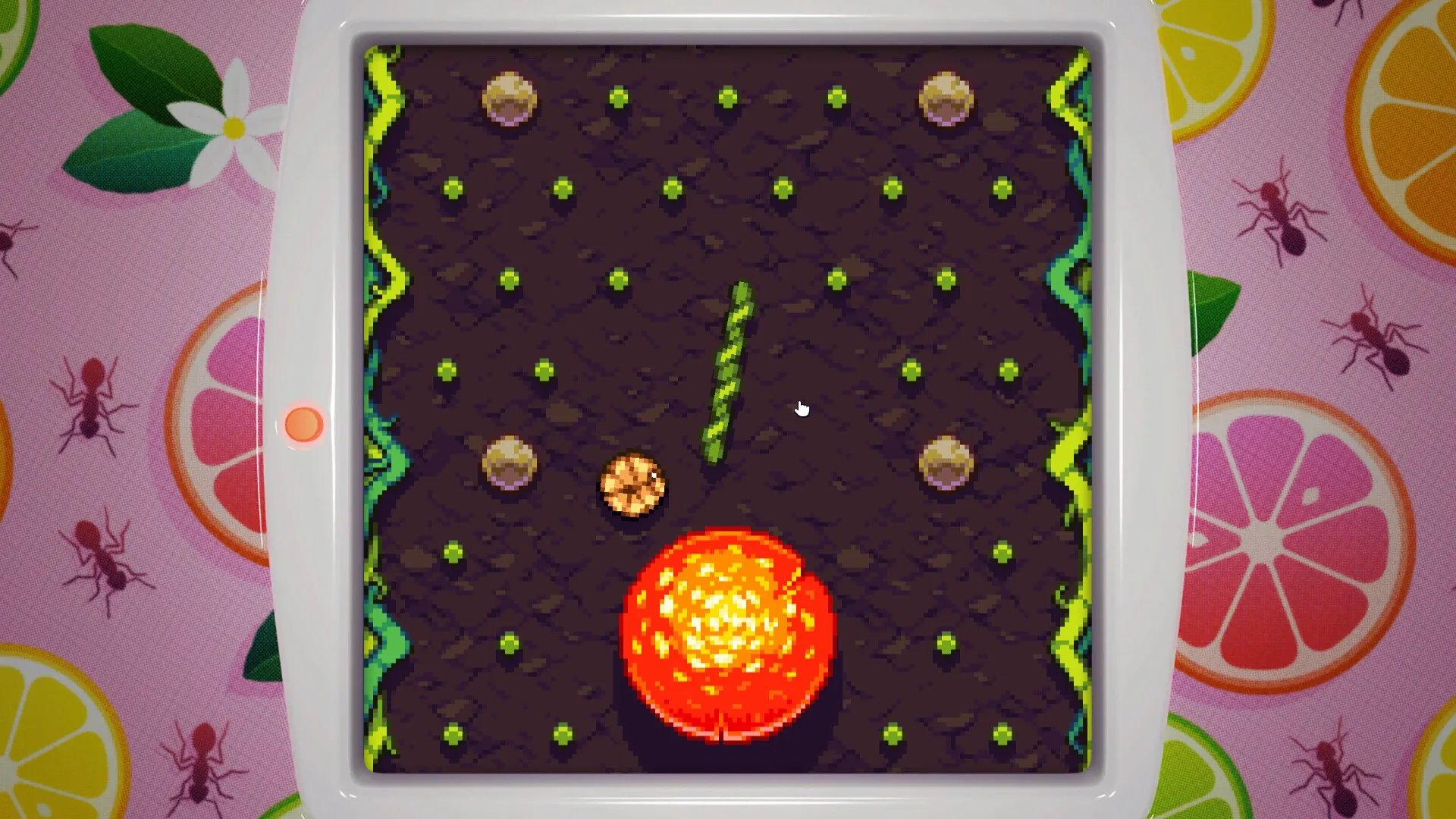 Bugaboo Pocket: Pixelated underground maze with bugs navigating around obstacles and bright fruits