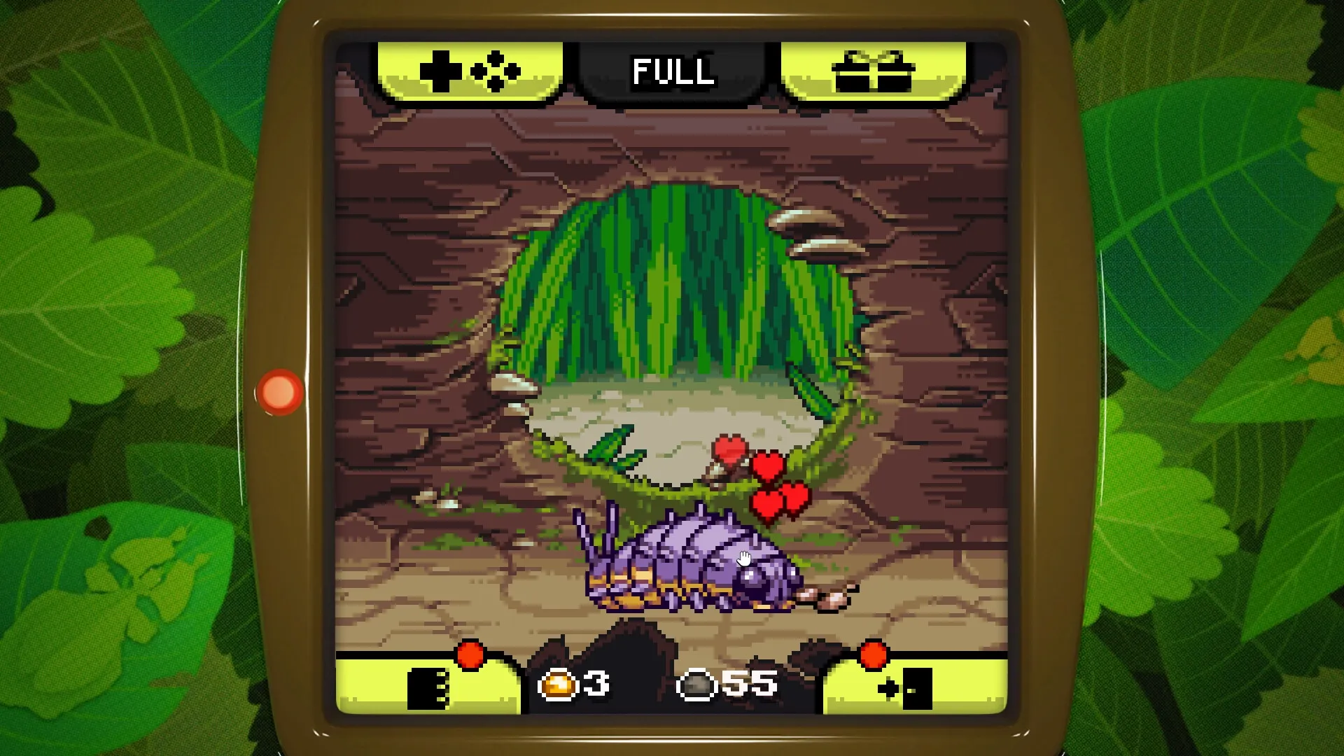 Bugaboo Pocket: Purple bug with hearts in a cave, surrounded by UI showing coins and gems count