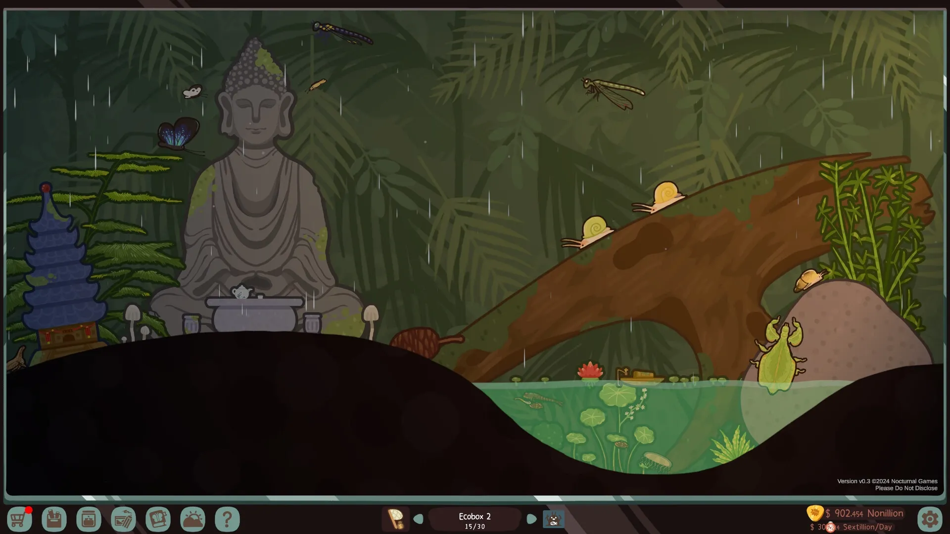 Bugtopia: Snails and beetles in a forest eco-box with a large statue and lush greenery in the background