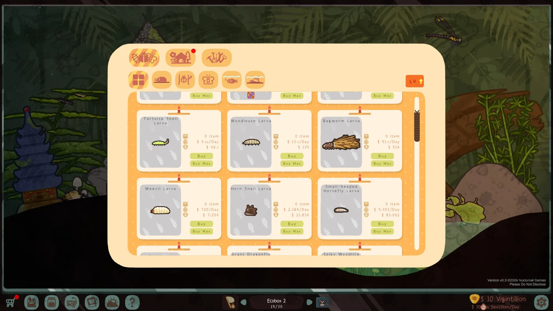 Bugtopia: Insect marketplace interface displaying various larva for purchase in a lush forest setting