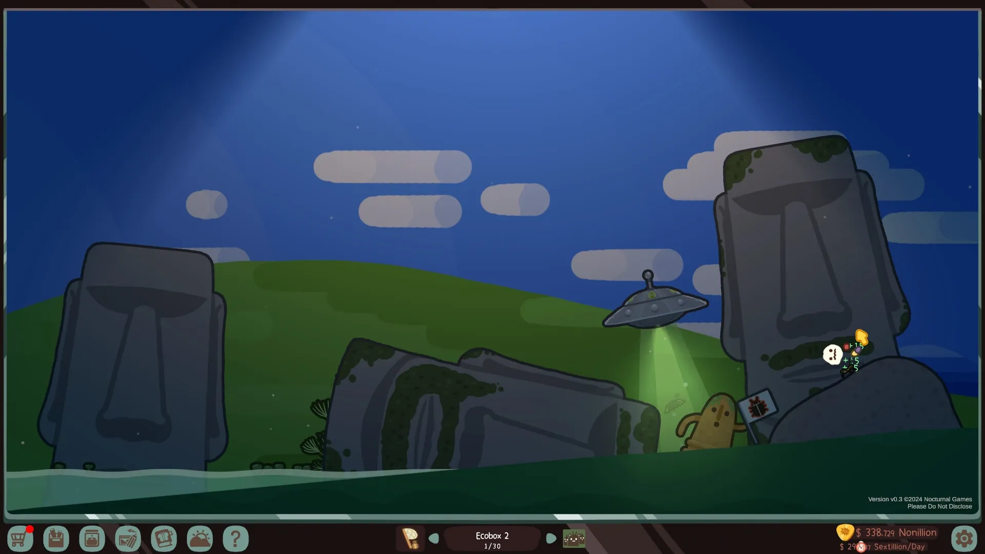 Bugtopia: UFO hovering over giant stone heads in a grassy field with bugs and icons at the bottom