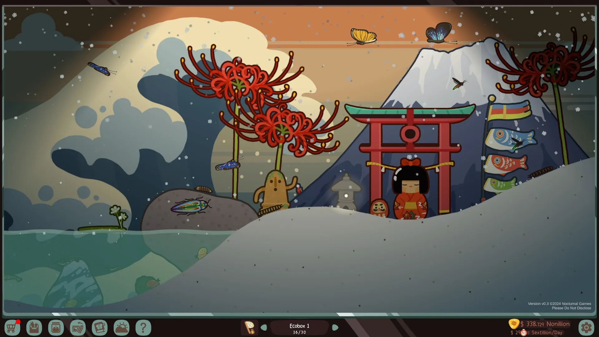 Bugtopia: Japanese shrine with insects flying and crawling amidst snowflakes and decorative elements