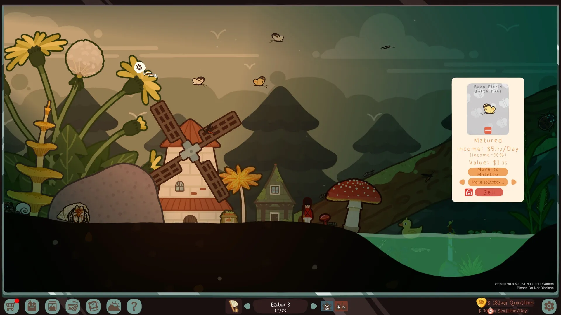 Bugtopia: Windmill and mushrooms in forest with butterflies, income stats panel on right side