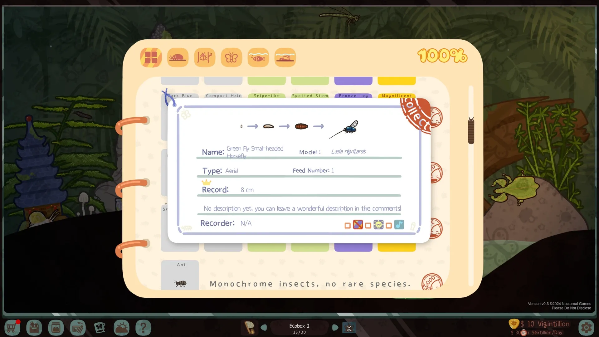 Bugtopia: Insect information screen detailing a Green Fly with background forest environment