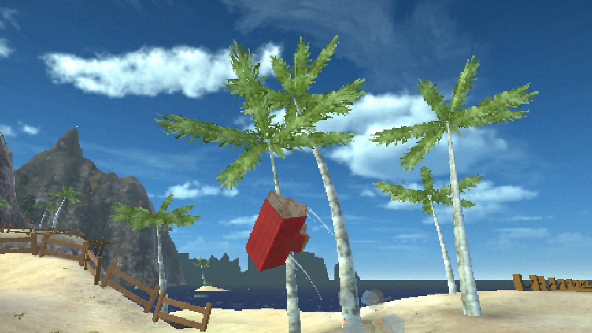 Building Relationships: Red house jumping between palm trees on a sandy beach with ocean and cliffs nearby