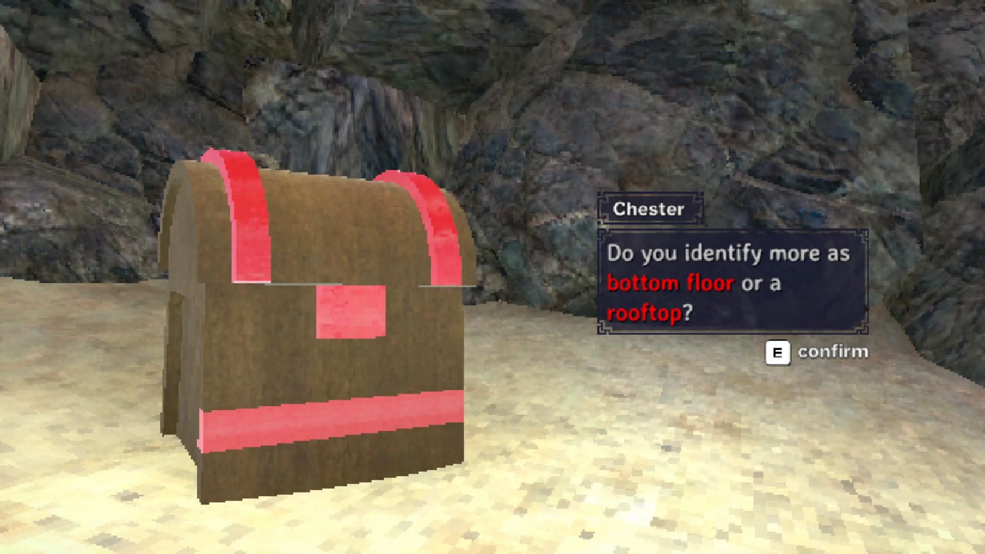 Building Relationships: Chester asks identity question in cave setting, with confirm option visible