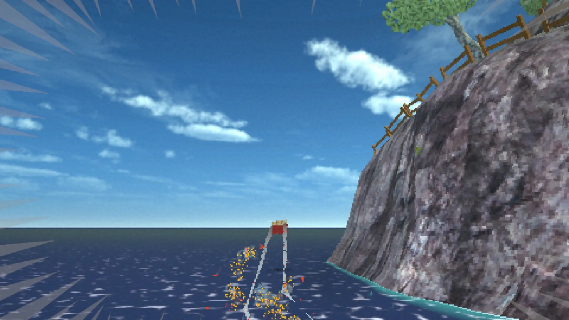 Building Relationships: House racing across ocean waves near cliffside with a tree under blue sky