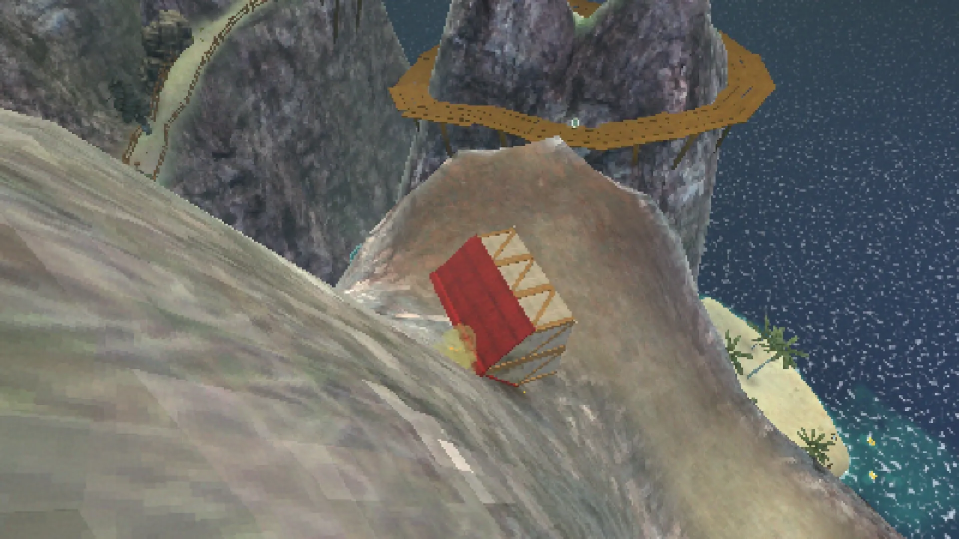Building Relationships: House character rolling down steep cliffside on a sunny island near the ocean