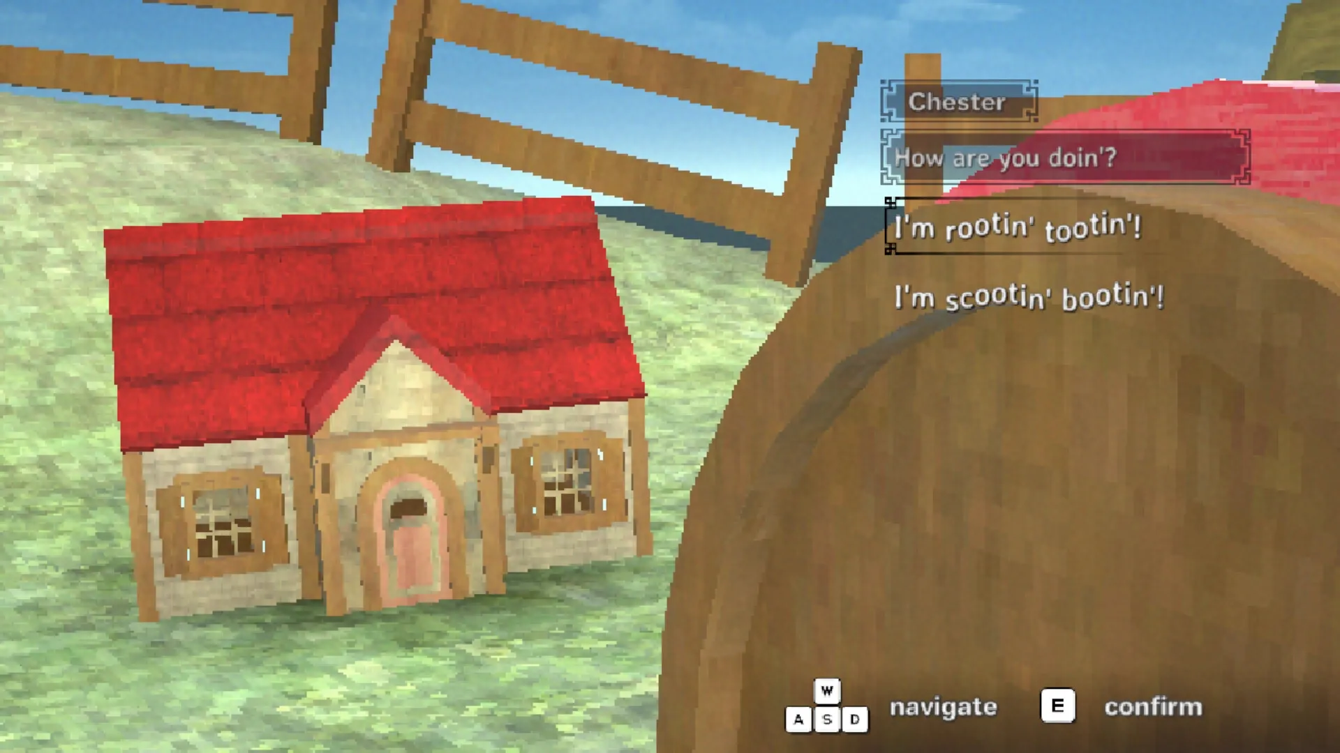 Building Relationships: Conversing with Chester, a house, on a grassy hill with dialogue options displayed.