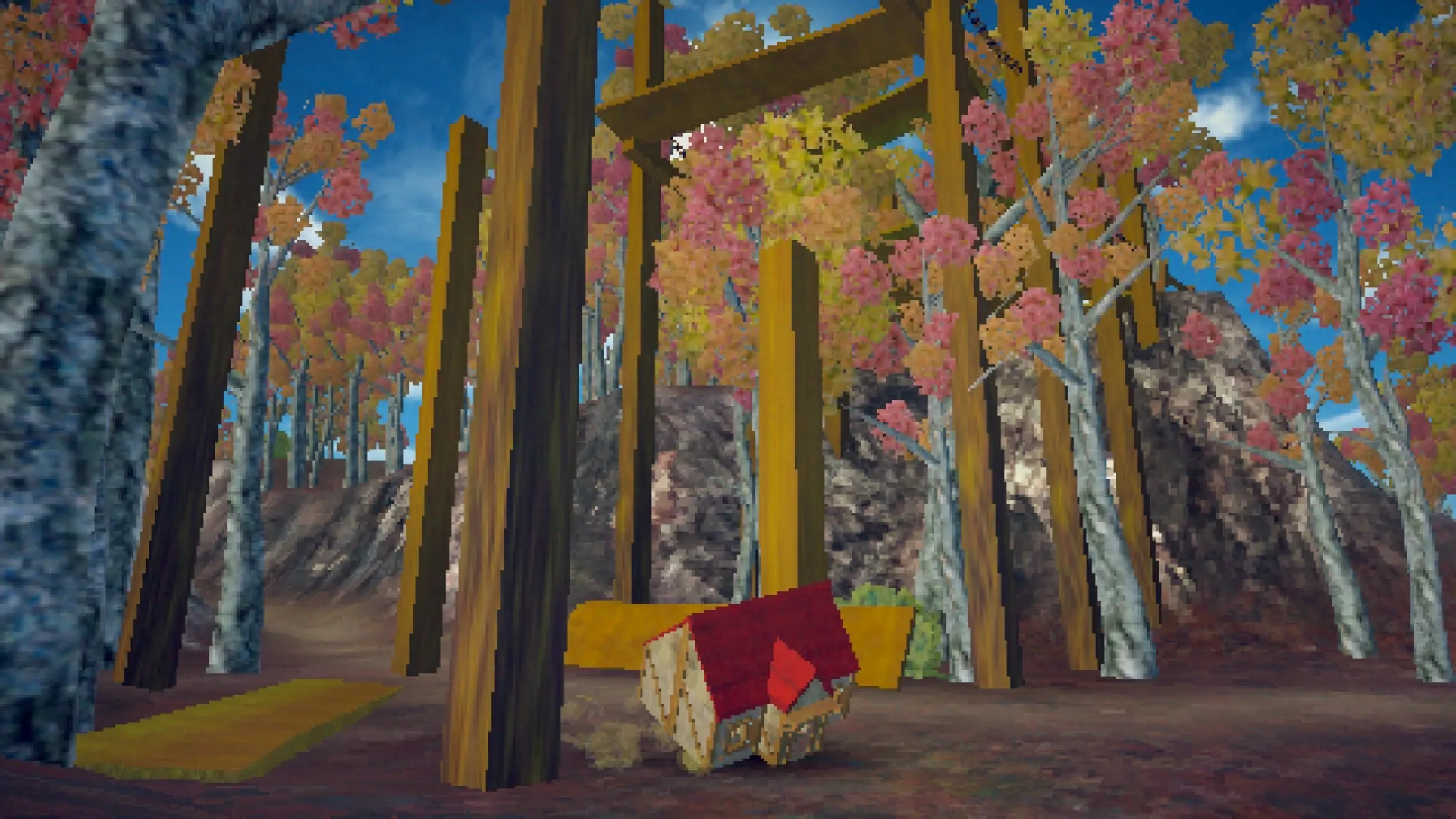 Building Relationships: House character rolling through a vibrant autumn forest with tall wooden beams
