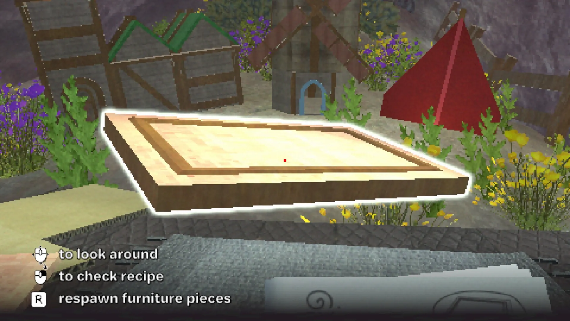 Building Relationships: Floating wooden platform in a village setting with UI hints for actions visible