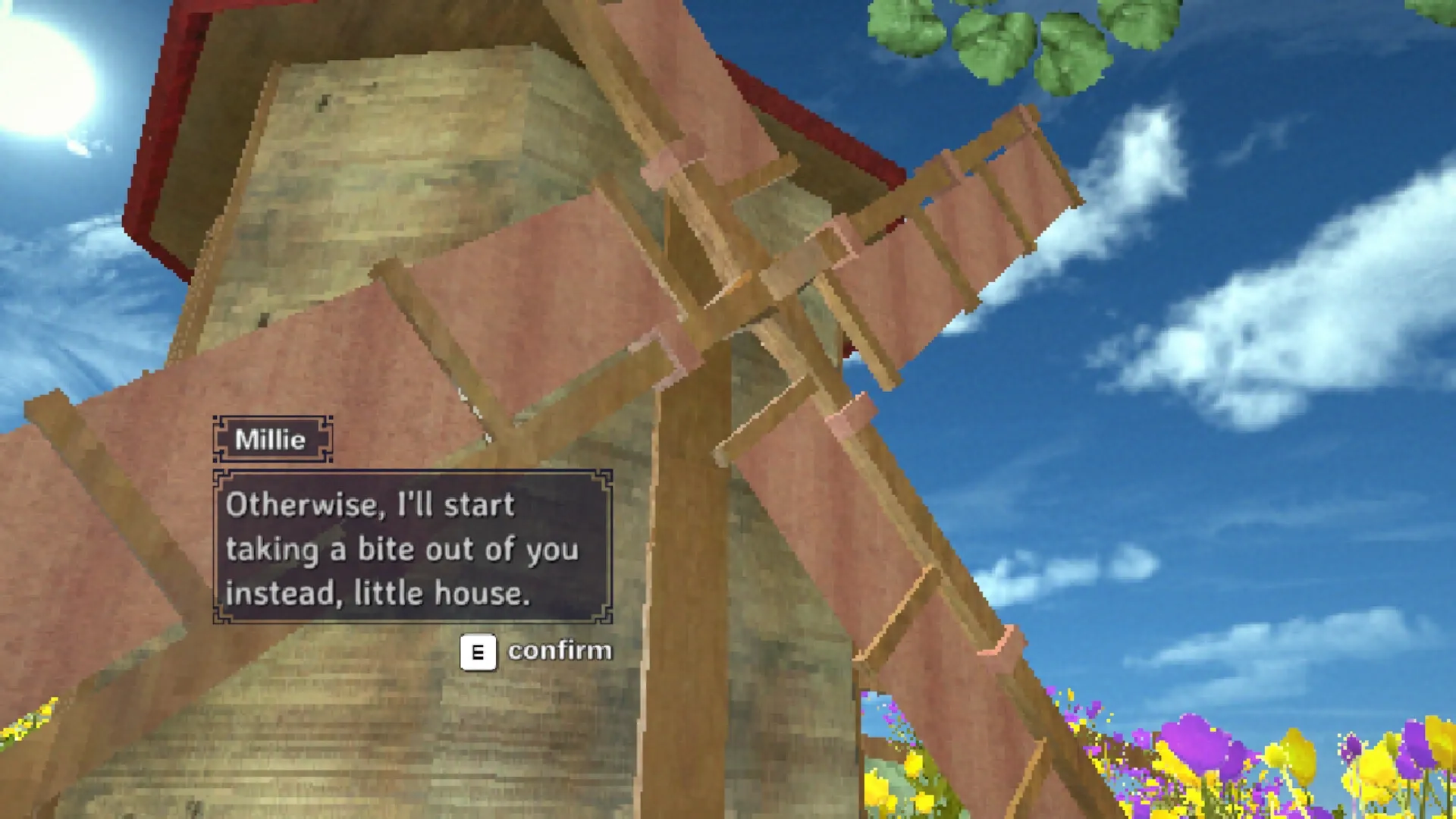 Building Relationships: Windmill conversation with Millie in a colorful field under a bright blue sky