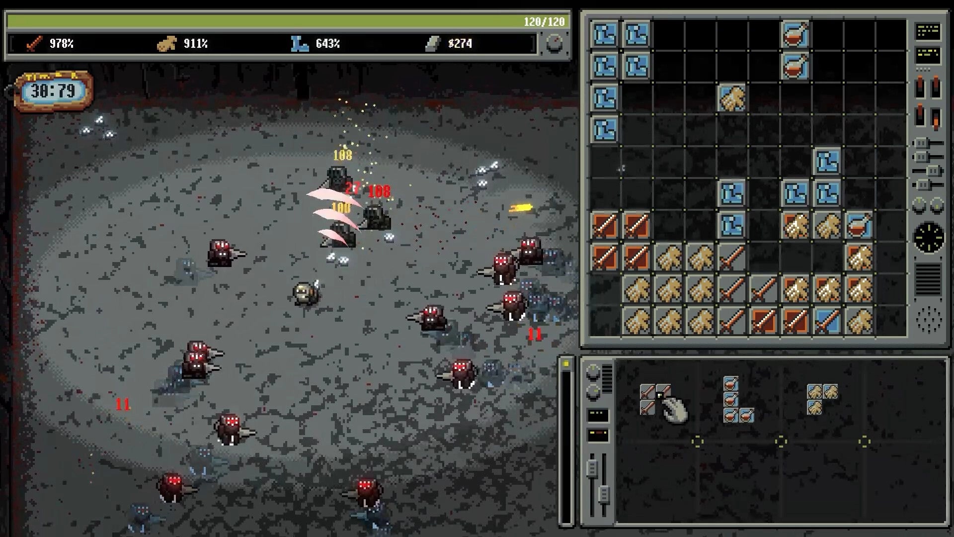 Bulgasari: Player fires at swarming robots while a large grid inventory fills the right side UI.