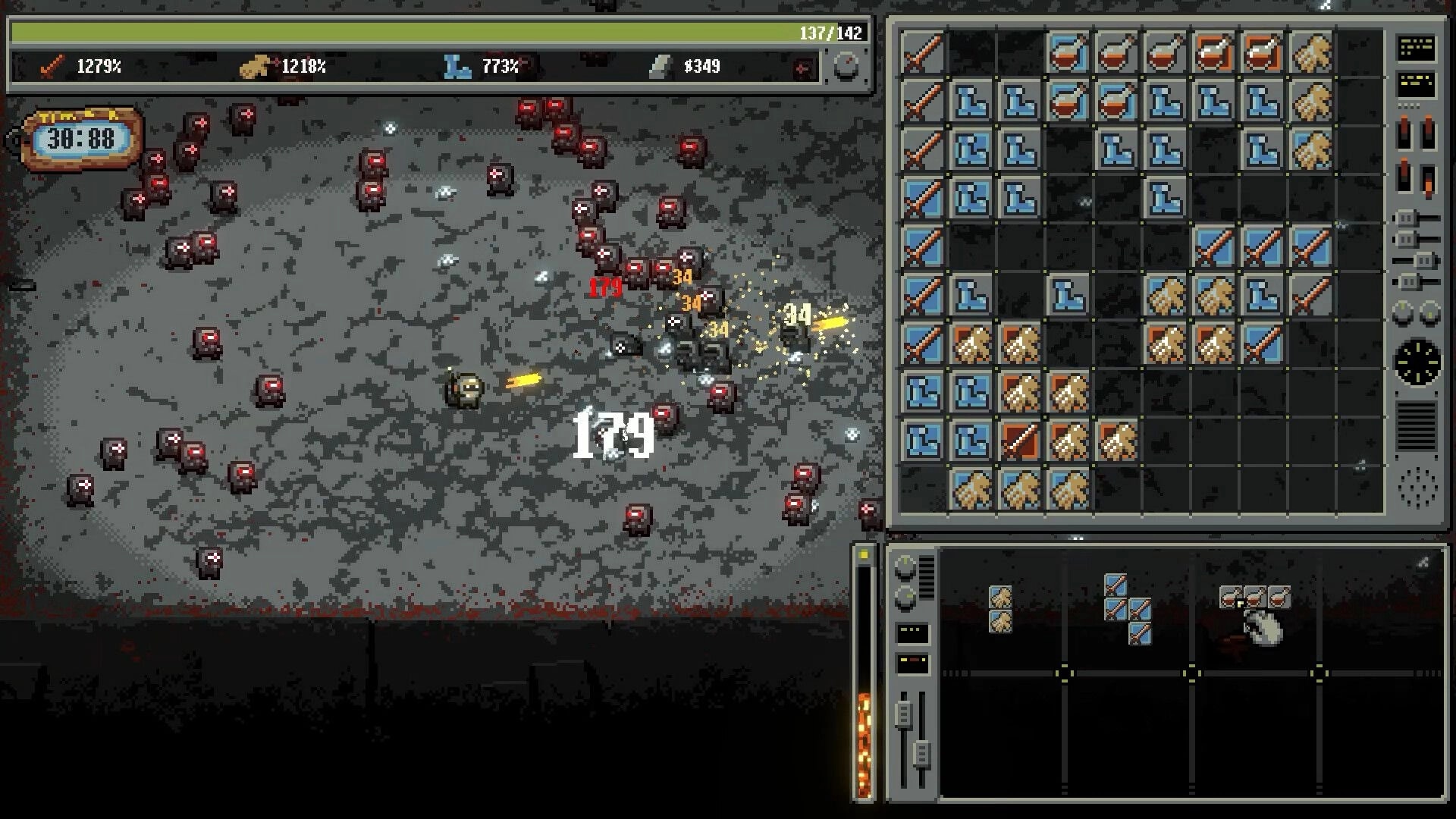 Bulgasari: Player fires at swarming red-eyed bots while a grid inventory fills the right side UI.
