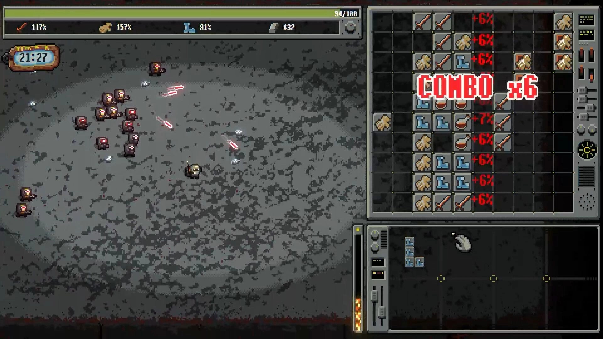 Bulgasari: Player fires at a swarm of robots while a grid inventory shows COMBO x6 on a gray arena.