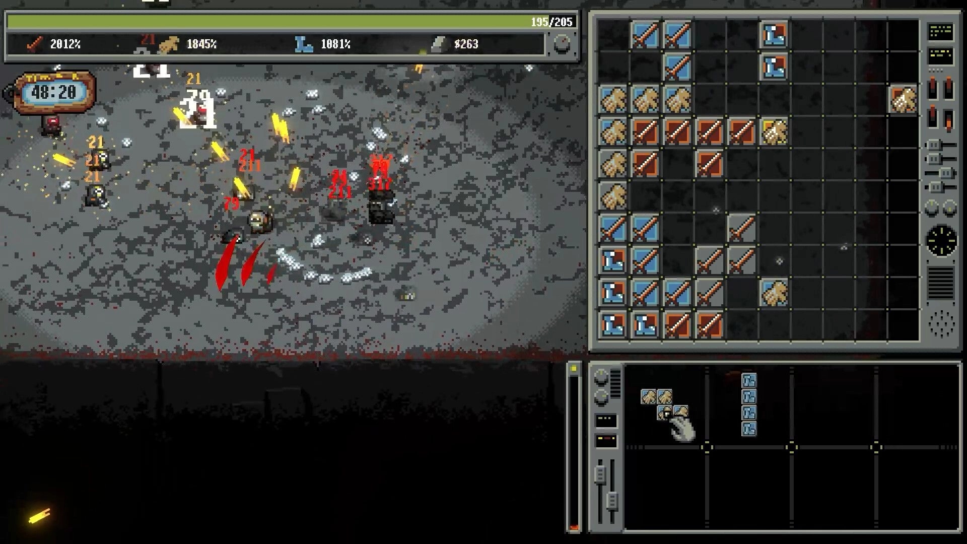 Bulgasari: Top-down firefight with damage numbers and open grid inventory on a gray scrap-strewn floor.