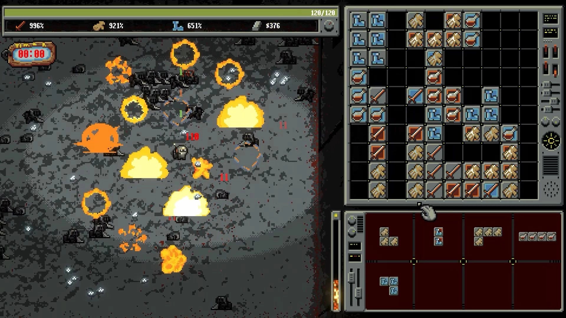 Bulgasari: Explosions and turret fire in top-down battle while large inventory grid fills the right side.