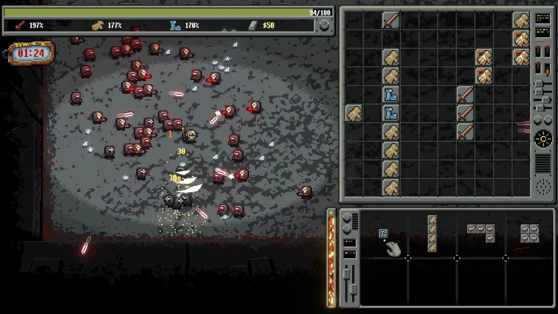 Bulgasari: Player slashes through a mob of red-eyed robots while inventory grid fills the right side.