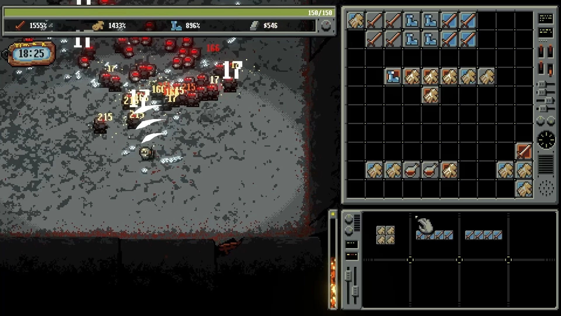 Bulgasari: Player slashes a swarm of red robots as damage numbers pop, inventory grid open on right.