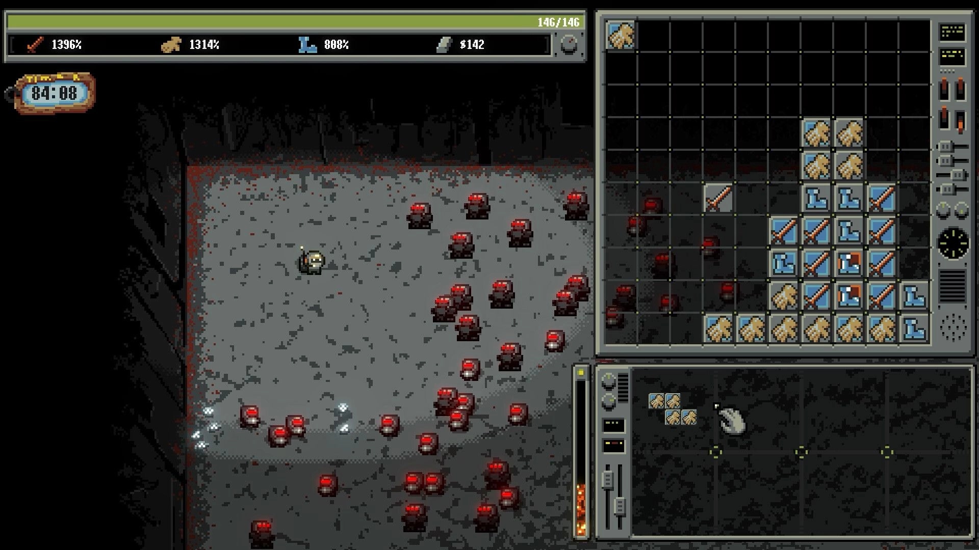 Bulgasari: Player surrounded by red-eyed robots while a grid inventory fills the right screen panel.