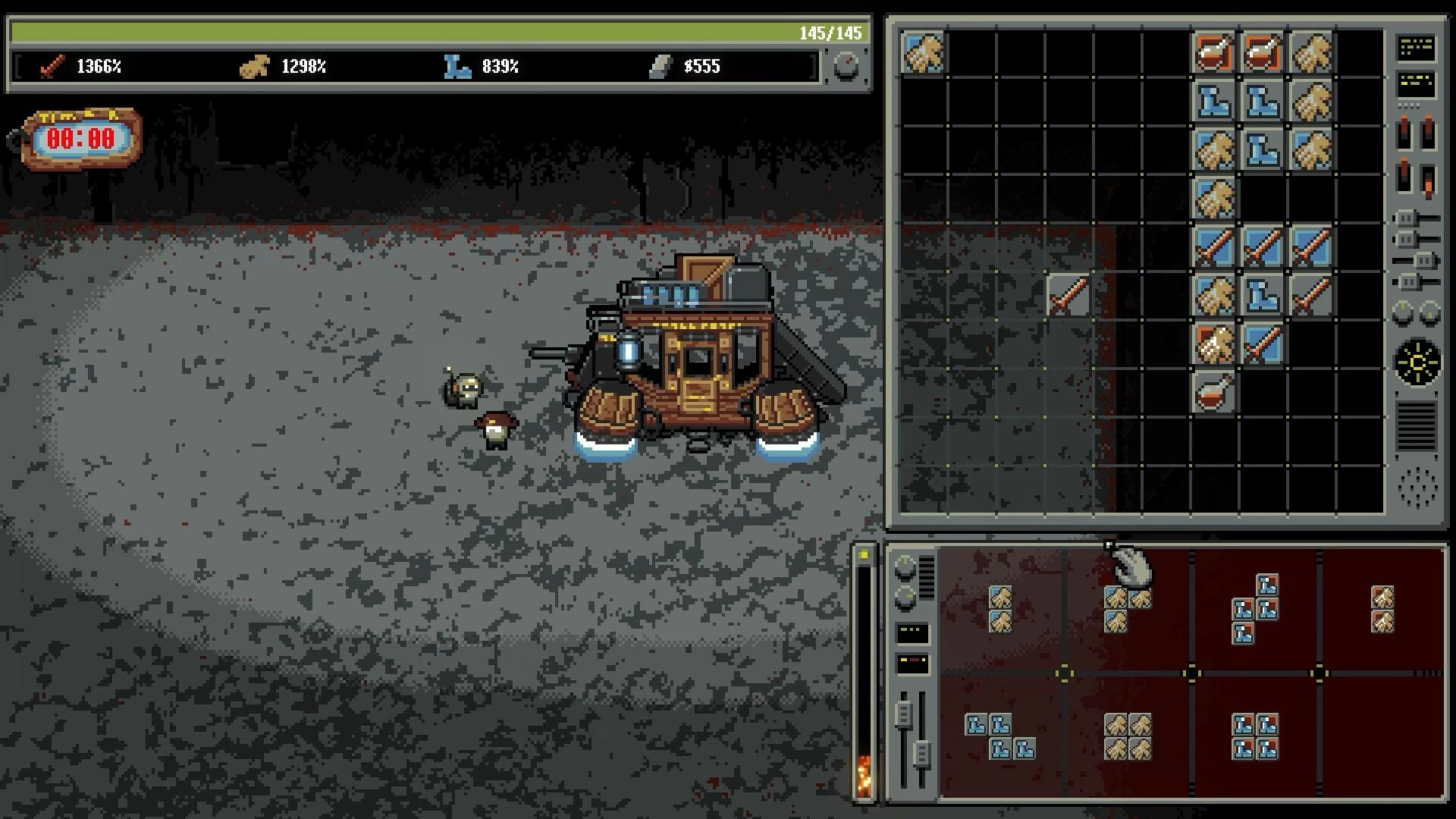 Bulgasari: Hovercraft base with two drones parked on wasteland, inventory grid and stats UI open.