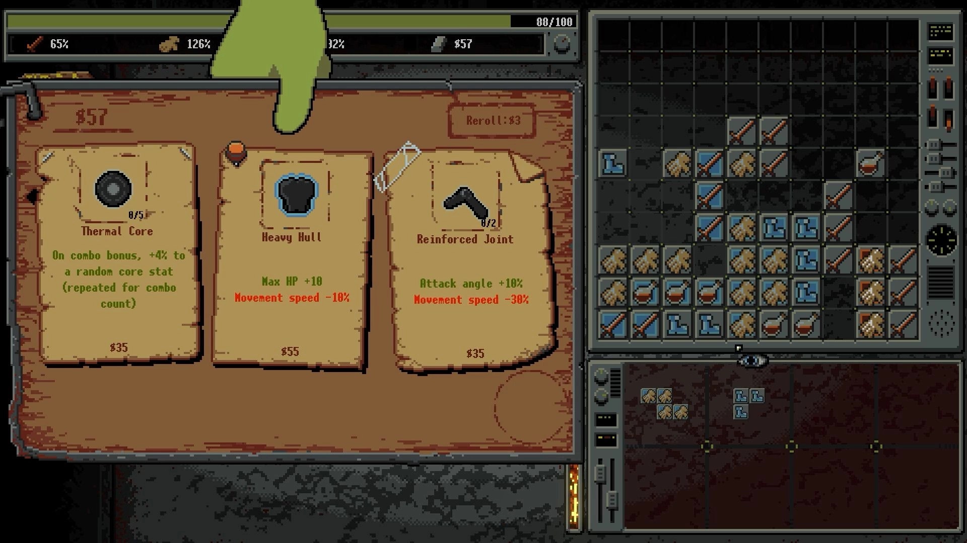 Bulgasari: Shop cards for Thermal Core, Heavy Hull, Reinforced Joint beside packed inventory grid UI.