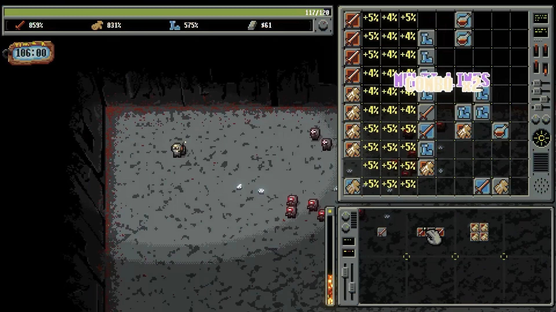 Bulgasari: Player dodges small robots while rearranging grid inventory in a dark, snowy field.