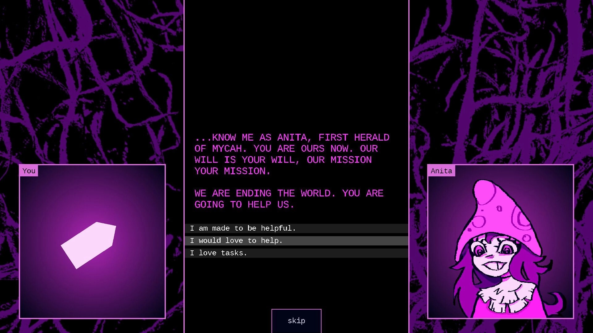 Bullet Brain: Dialogue choice screen with Anita portrait and player icon on purple scribbled backdrop.